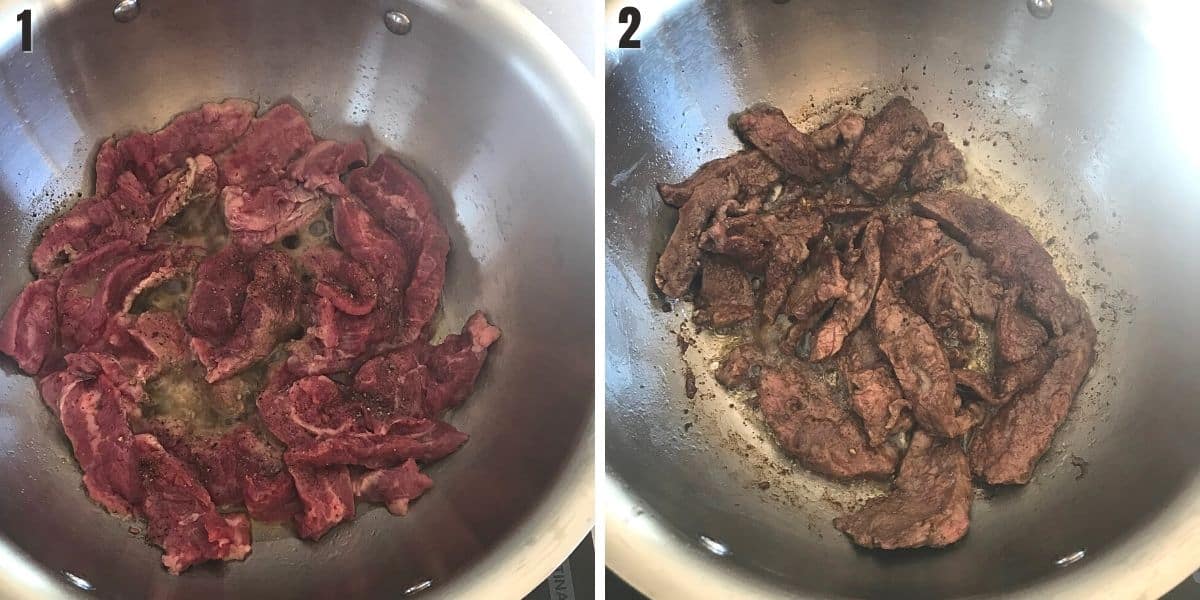 A collage of two images showing how to brown meat for stroganoff.