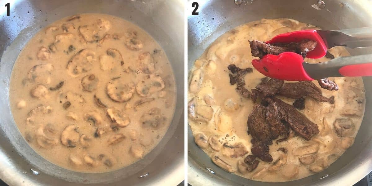 A collage of two images showing the final steps of making easy stroganoff from scratch.