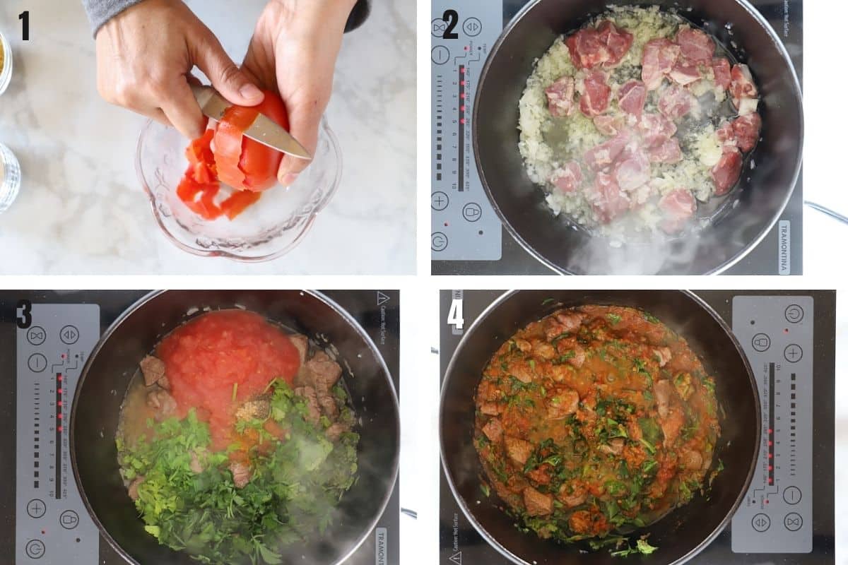 A collage of 4 images showing how to start making harira soup.