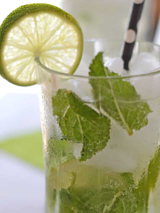 A close up photo of a freshly made Mojito mocktail glass garnished with lime slice and fresh mint leaves.