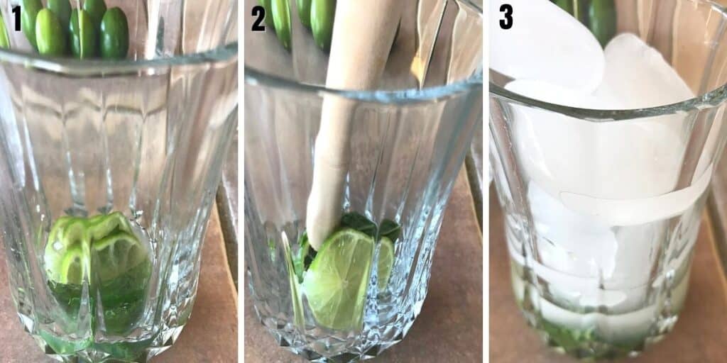 A collage of three images showing how to assemble mojito mocktail.