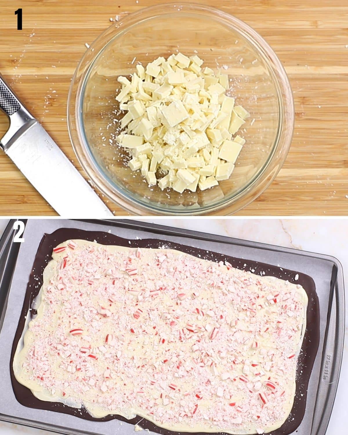 A collage of two images showing how to melt white chocolate for peppermint bark.