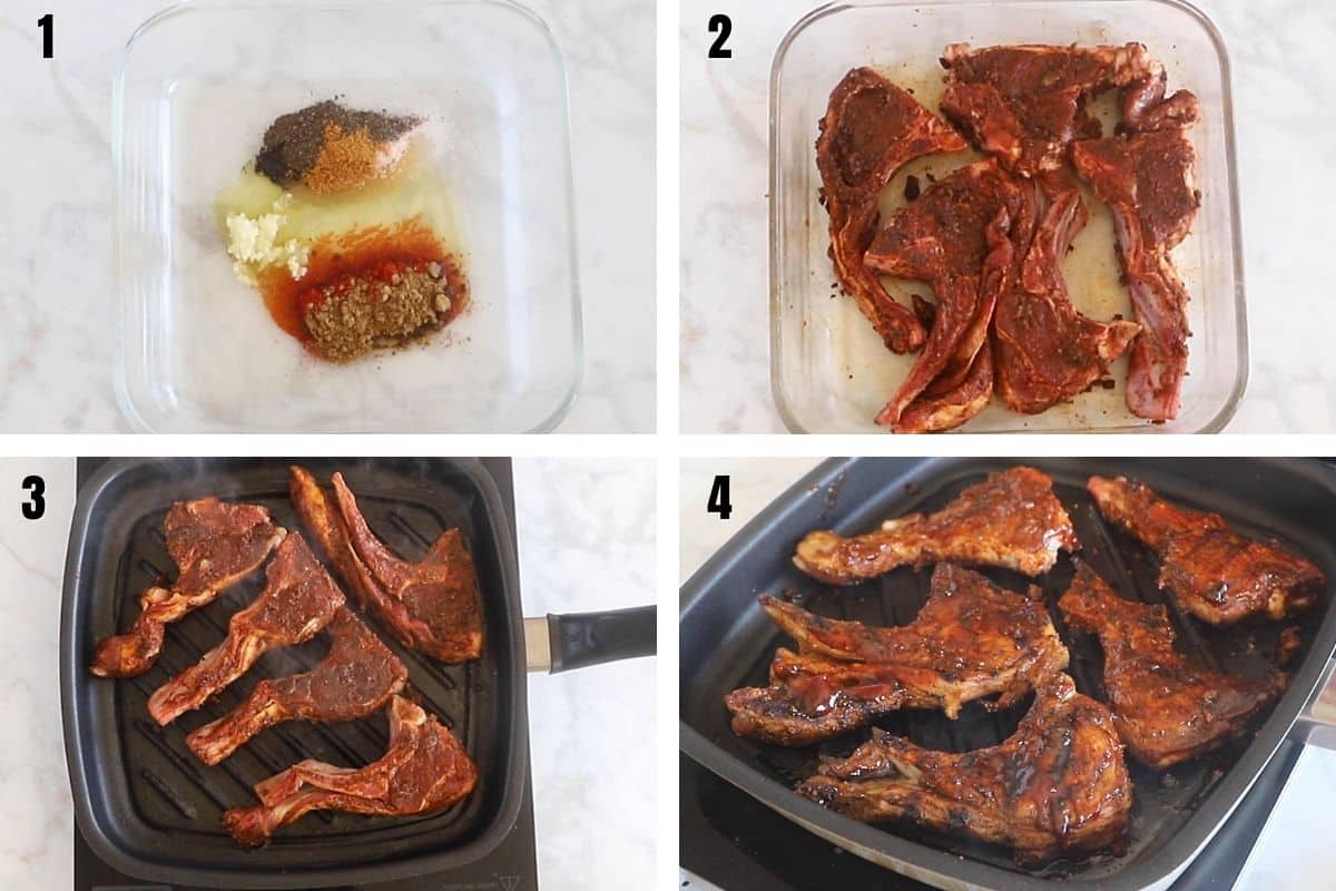 A collage of four images sgowing how to make spicy lamb chops.