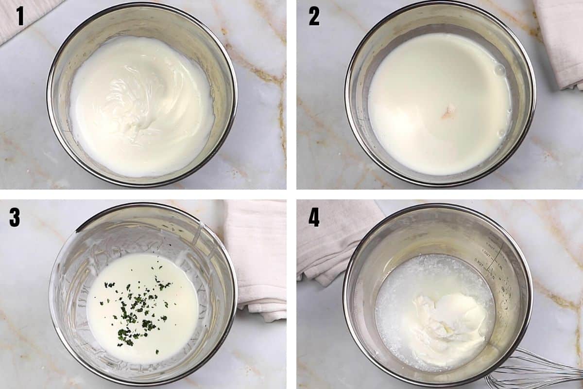 A collage of 4 images showing how to make Ayran drink.