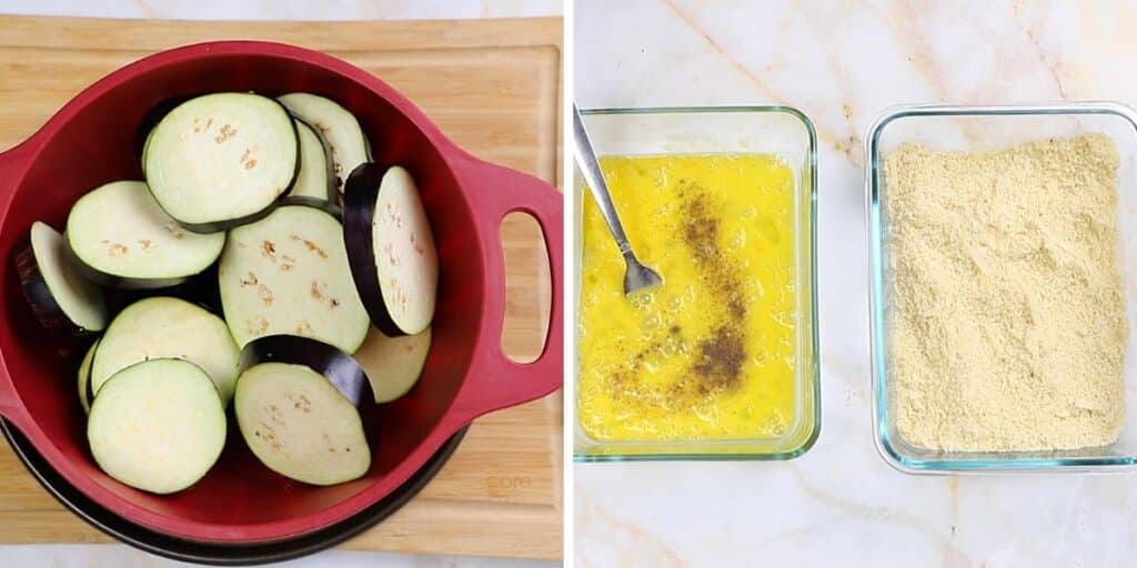 A collage of two images showing how to prepare eggplants for the recipe.