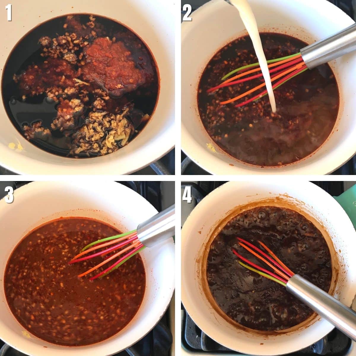 A collage of 4 images showing how to make szechuan sauce on stovetop.