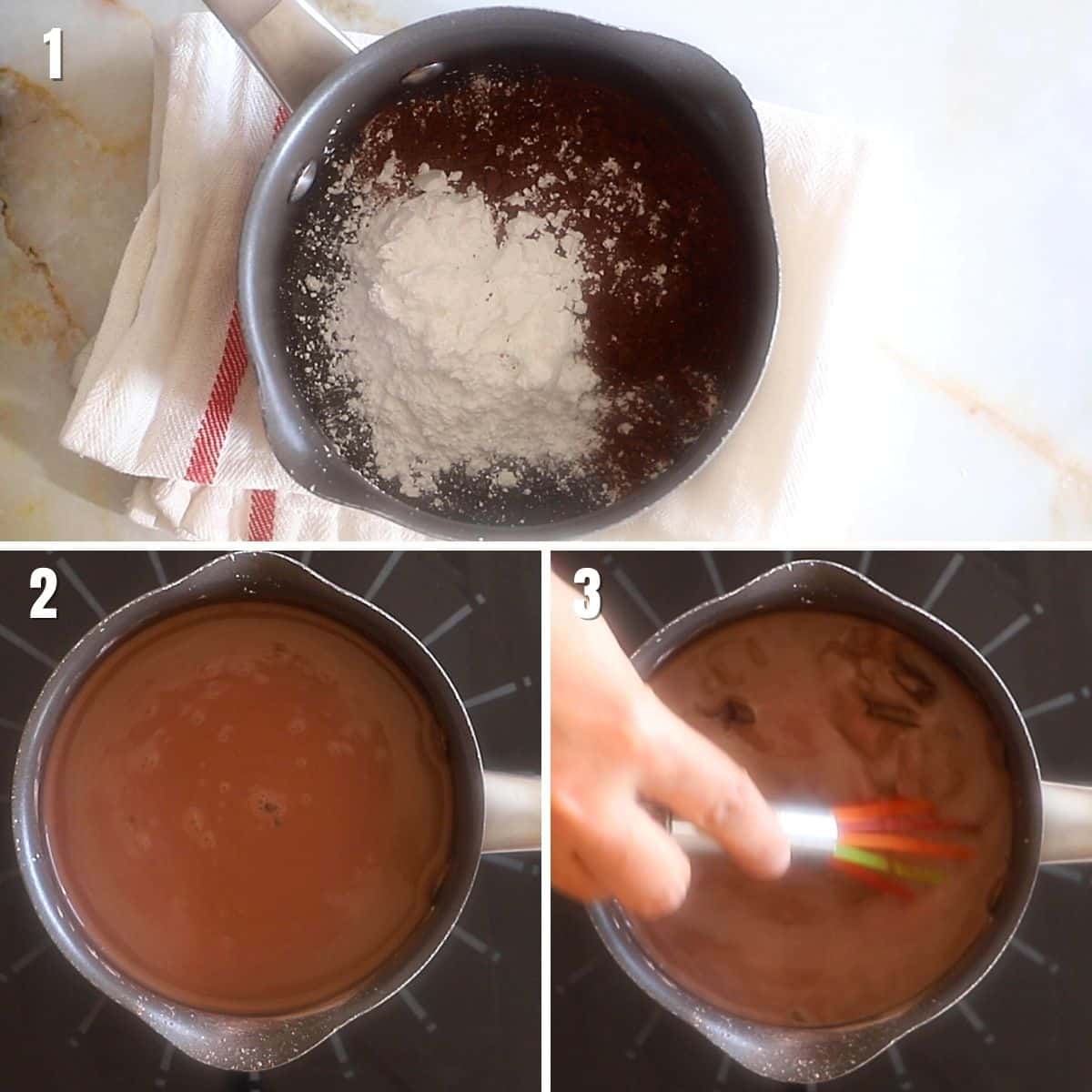 A collage of three images showing how to make Italian hot chocolate.