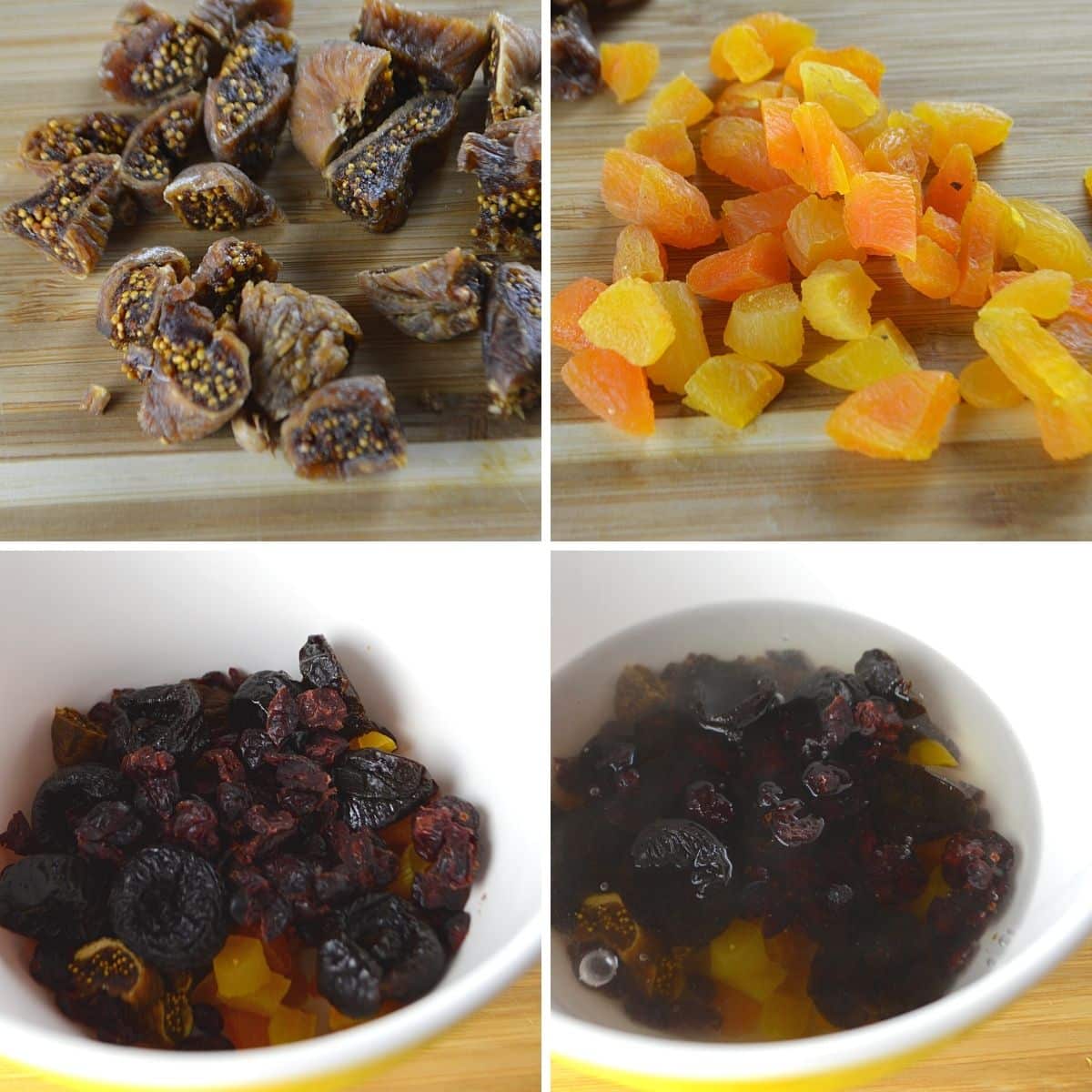 A collage of four images showing how to make dried fruit compote.