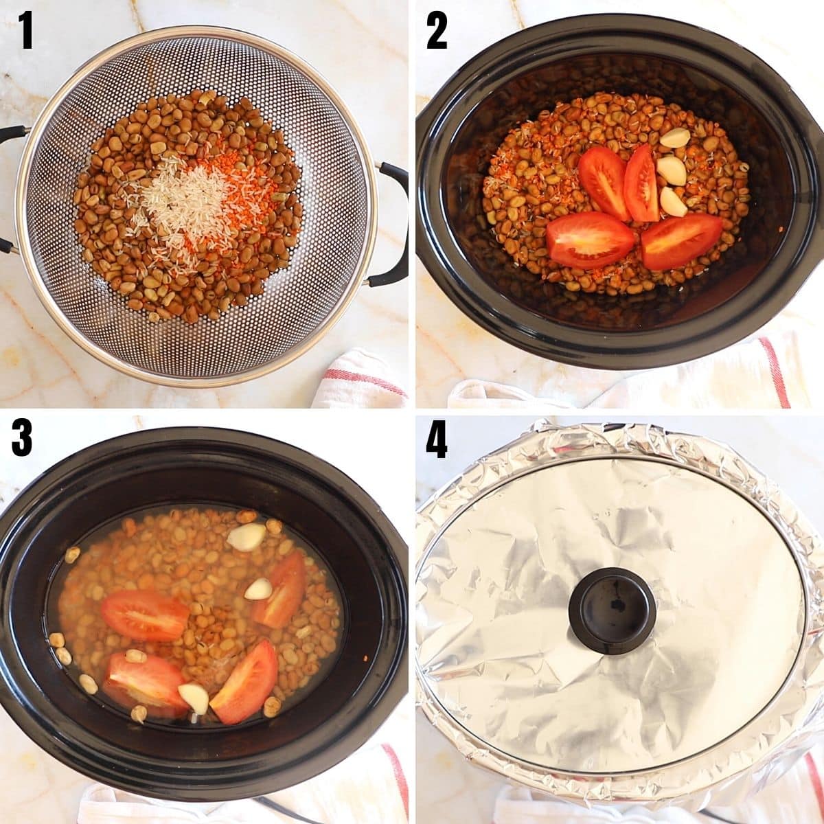A collage of 4 images showing how to prepare ful medames.