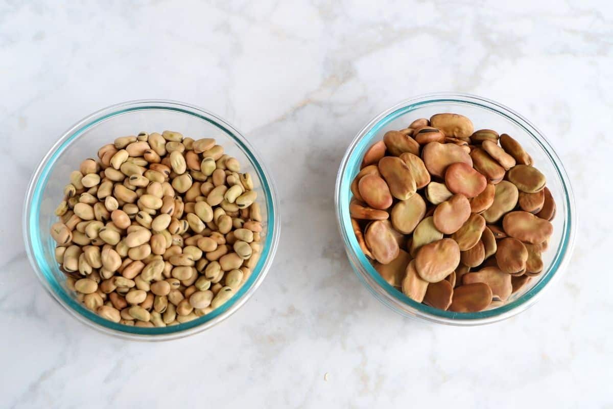 Two bowls of fava beans, big and small placed on a marble table.