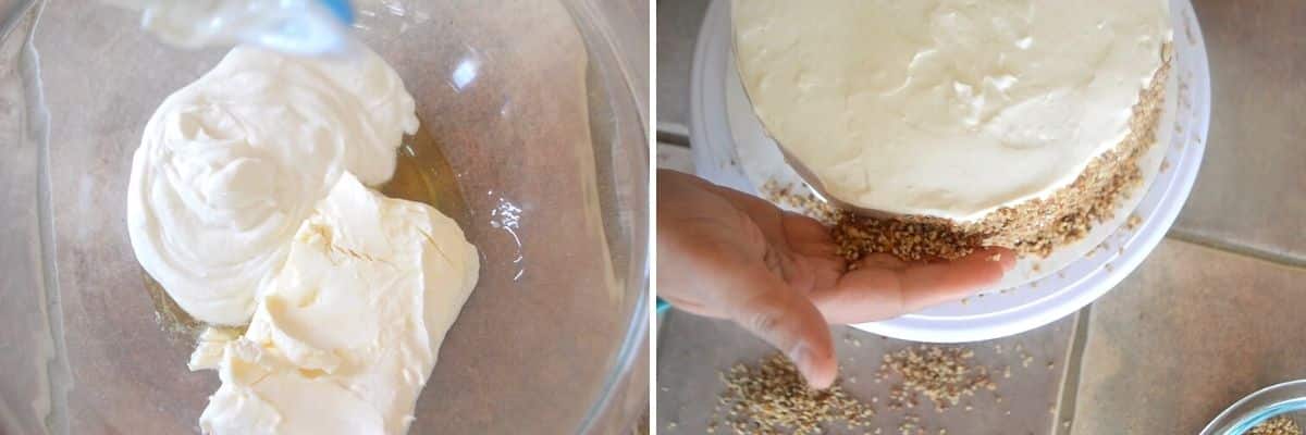 A collage of two images showing how to make healthy frosting for carrot cake.