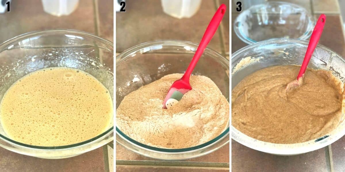 A collage of three images showing how to prepare carrot cake batter.