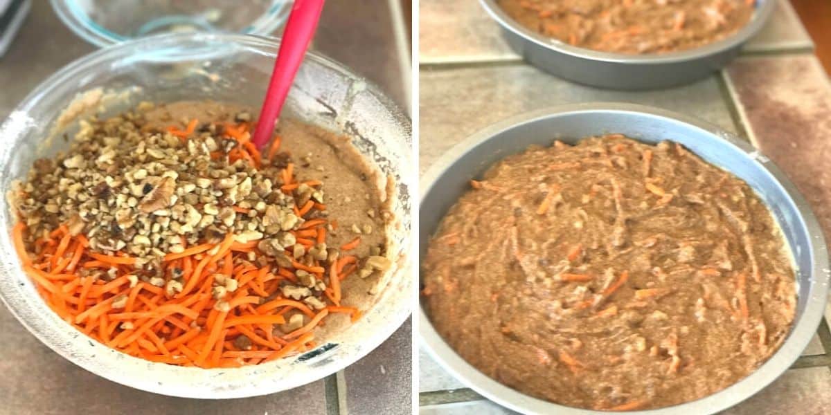 A collage of two images showing how to make healthy carrot cake recipe.