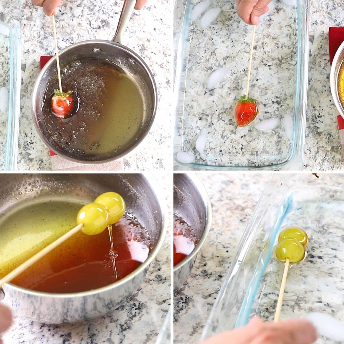 A collage of 4 images showing how to dip fresh fruits in tanghulu sugar syrup.
