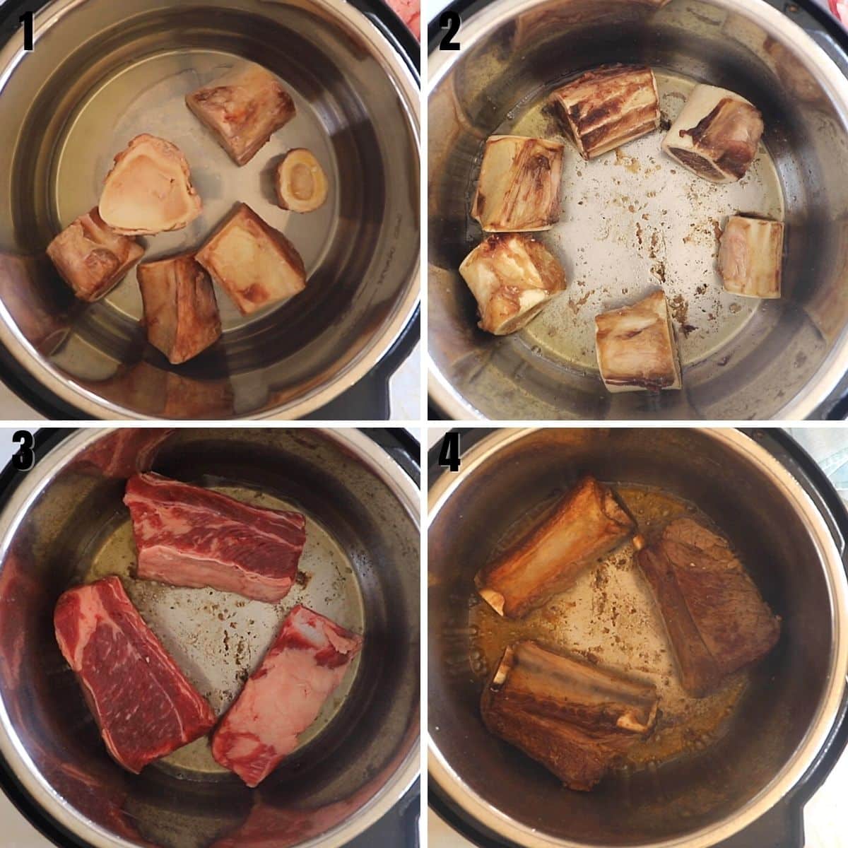 A collage of 4 images showing how to roast bones in the instant pot.