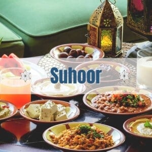 A Suhoor table with different plates suitable for the Suhoor meal during Ramadan.