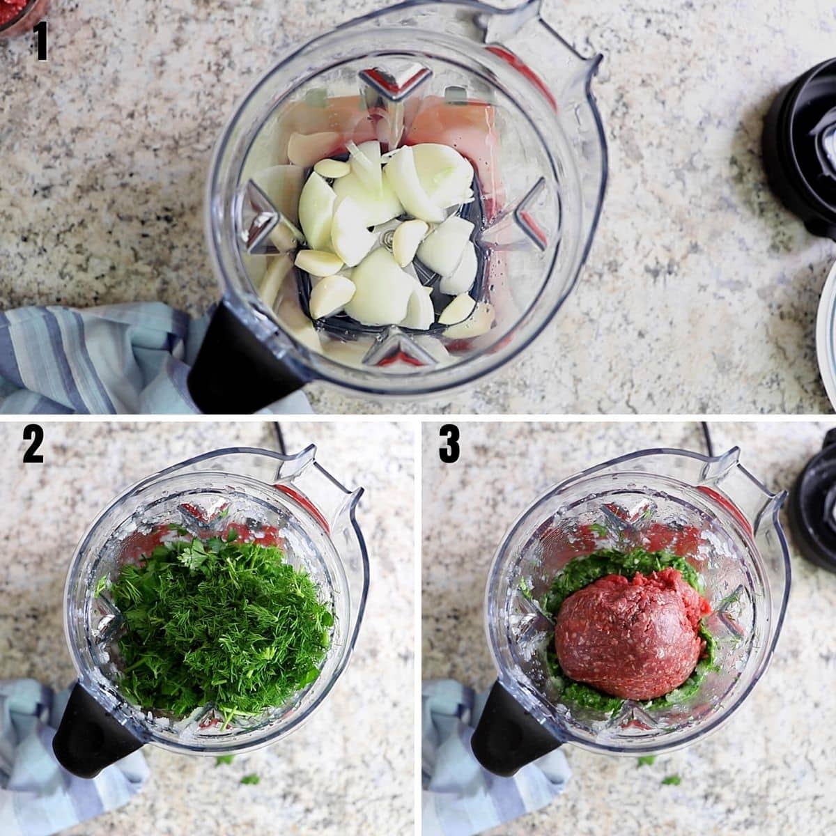A collage of three images showing how to blend the meat mixture for gluten free meatballs.