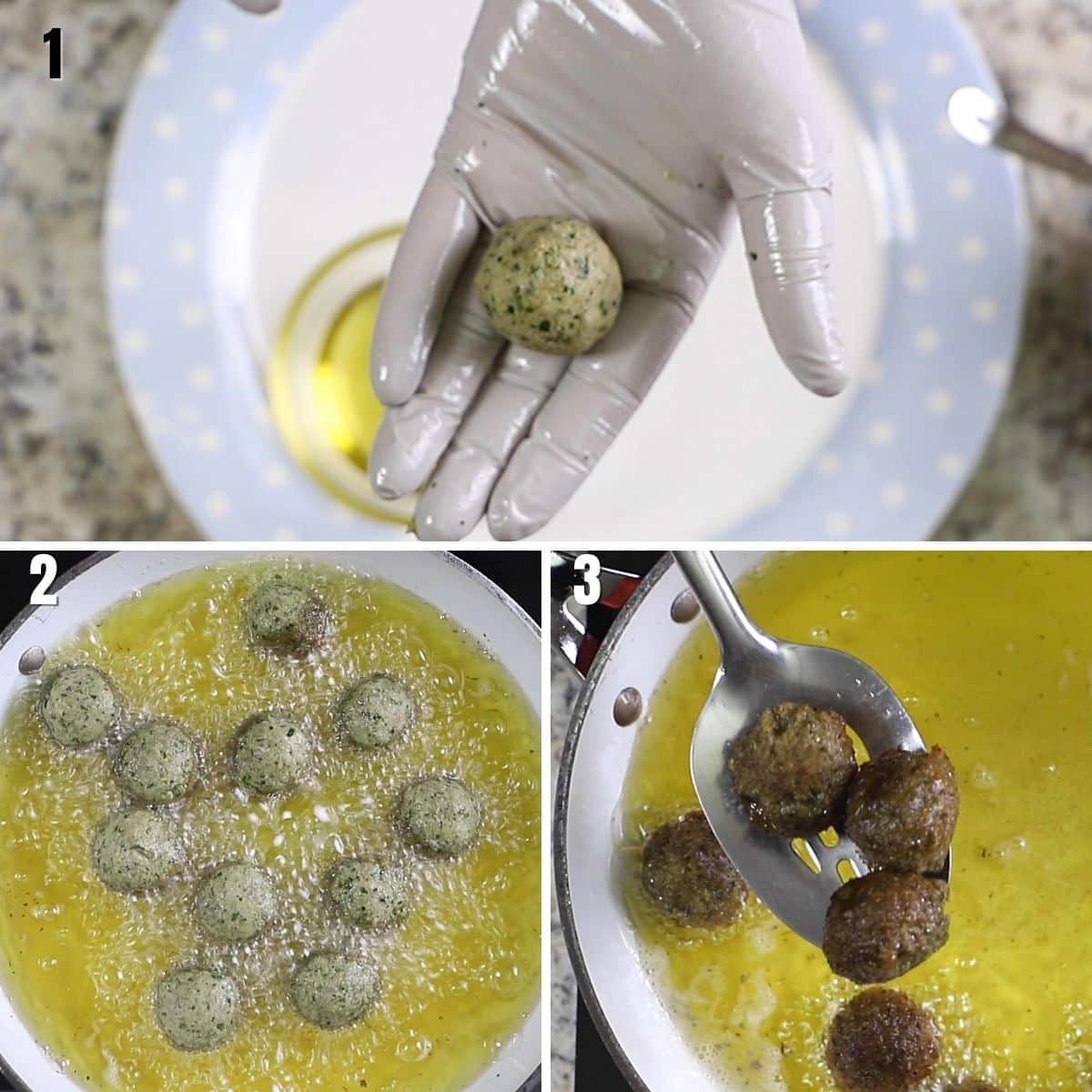 A collage of three images showing forming anf frying gluten free meatballs.