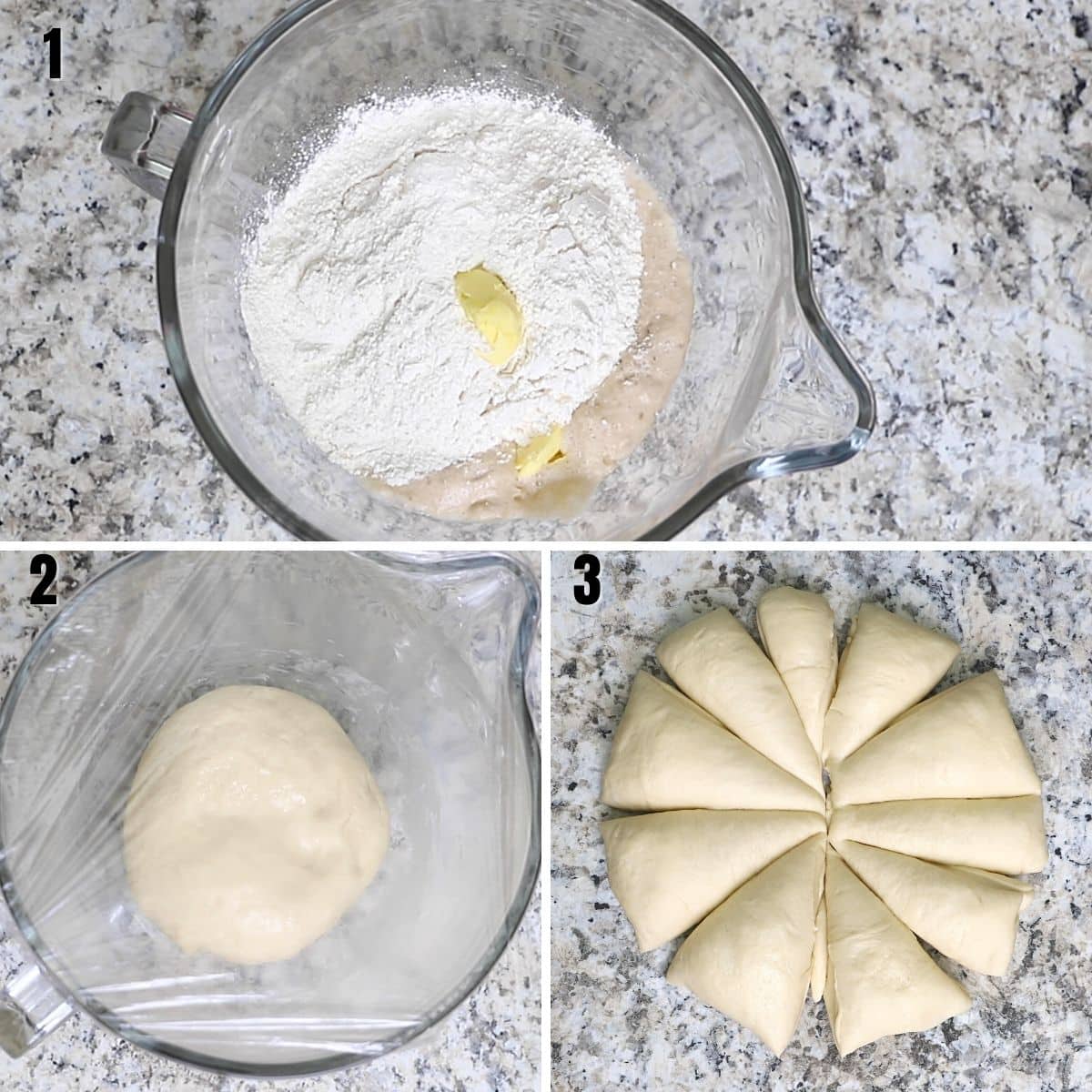 A collage of 3 images showing how to make hot dog buns dough.