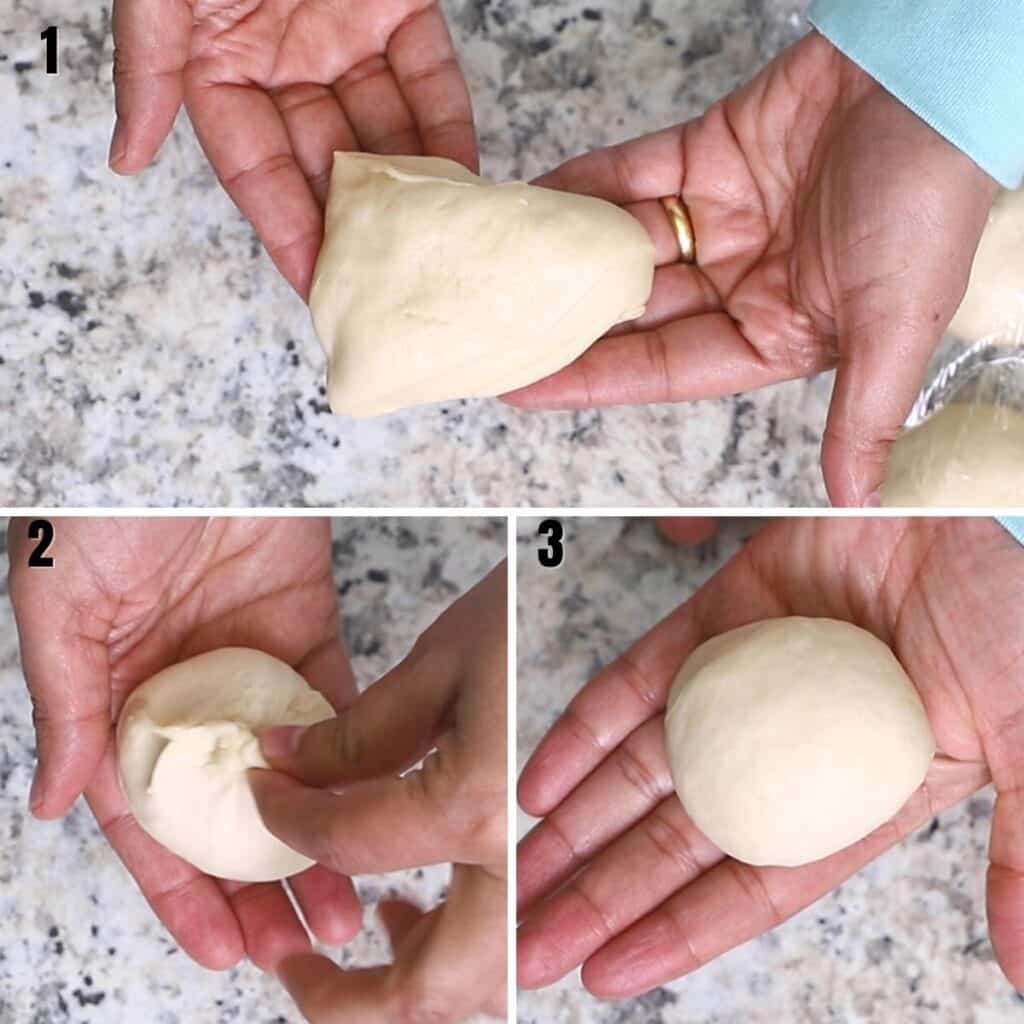 A collage of three images showing how to form buns dough into balls.