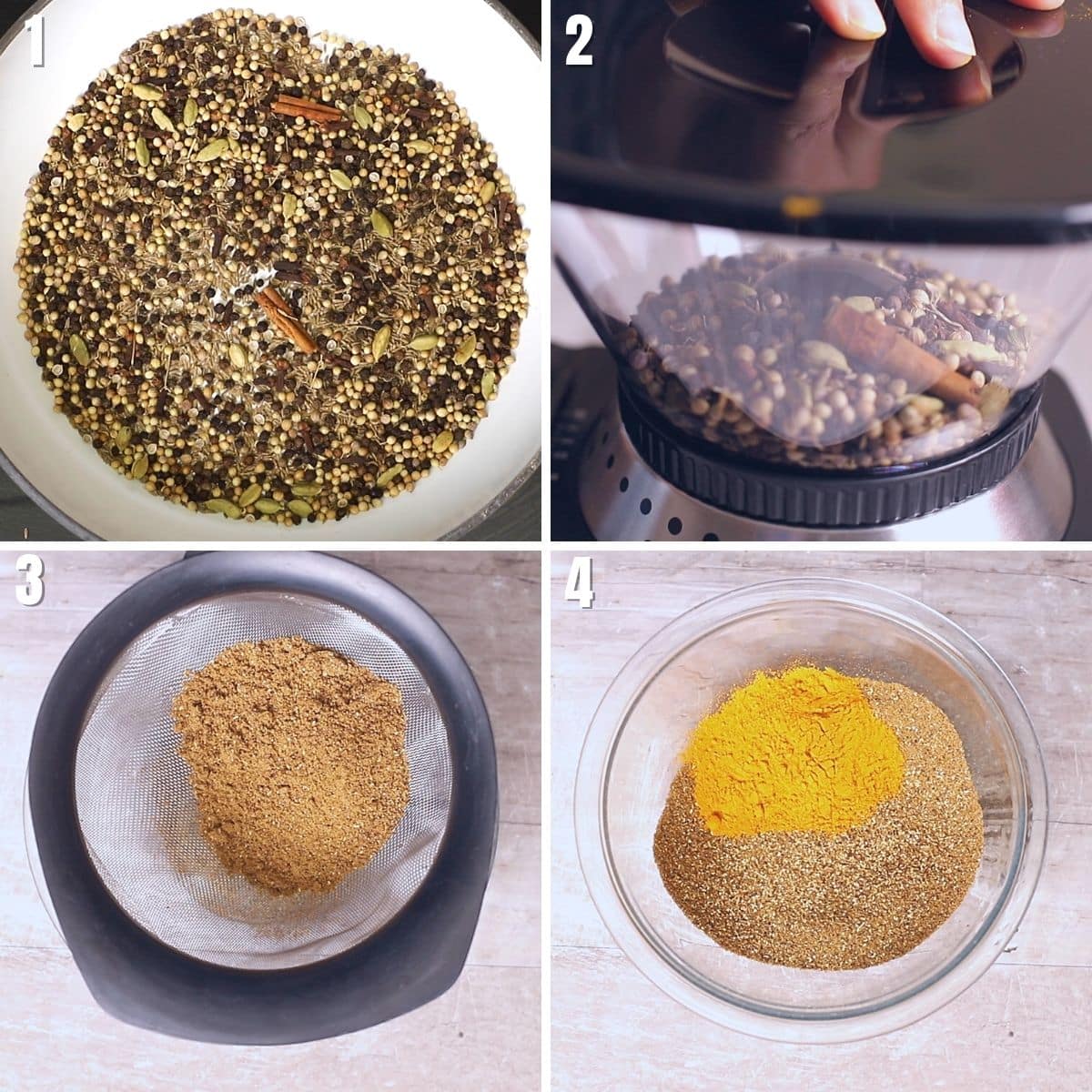 A collage of four images shwoing how to make Hawayej spice mix.