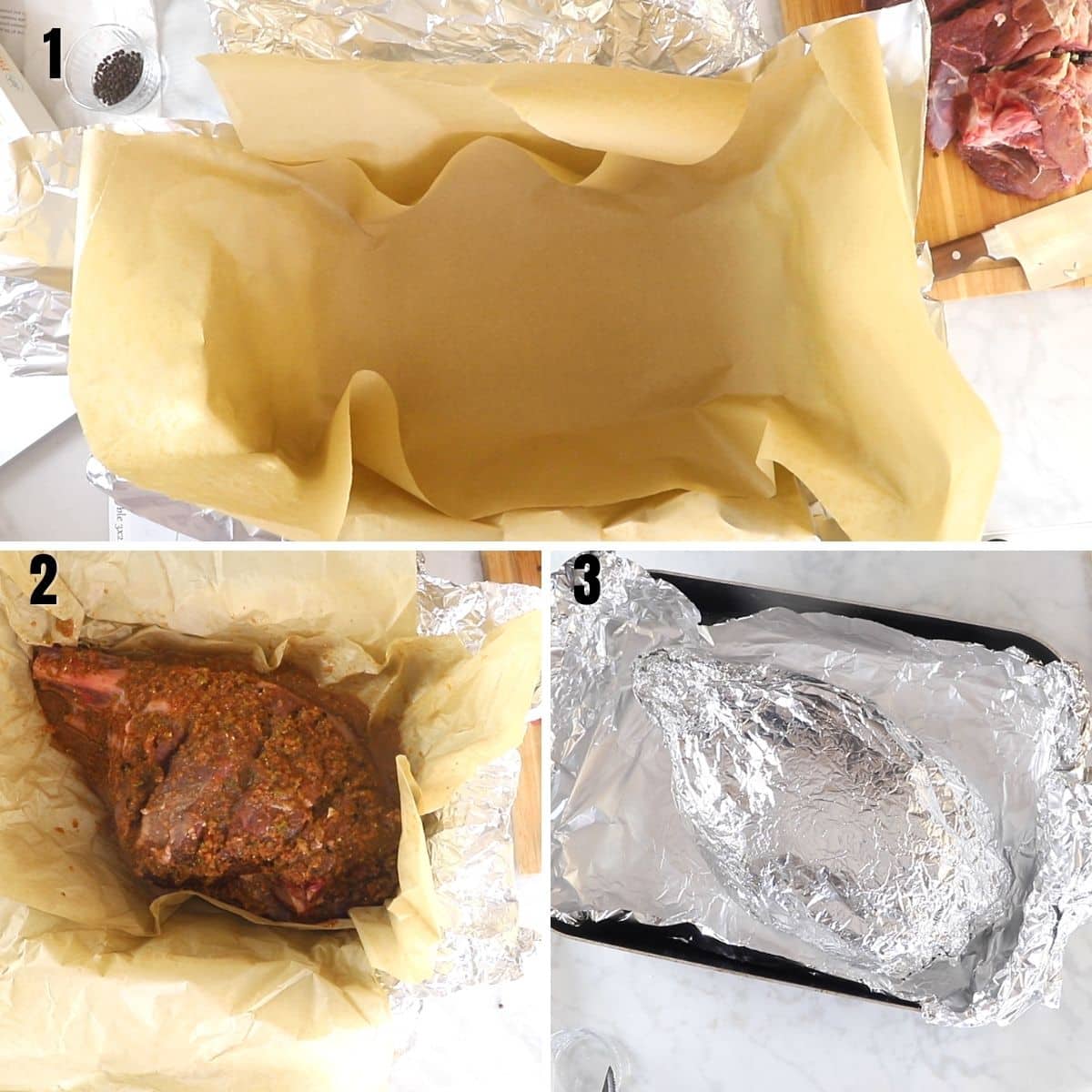 A collage of 3 images showing how to marinade and wrap a leg of lamb.