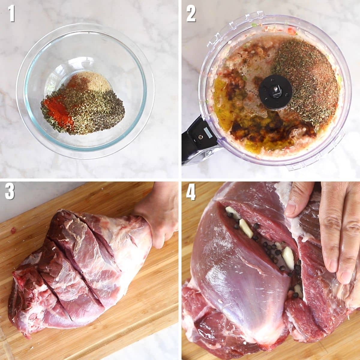 A collage of 4 images showing how to prepare spice mixture and lamb leg to be roasted.
