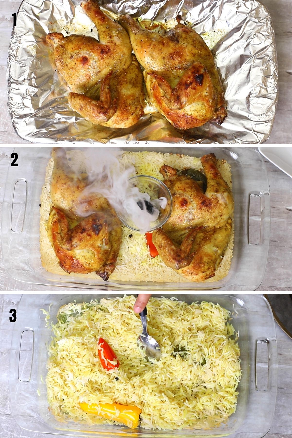A collage of three images showing how to smoke infuse mandi dish.