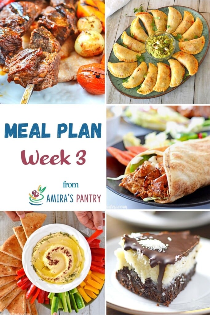 A collage of this week's meal plan dishes with focus on Ramadan recipes.