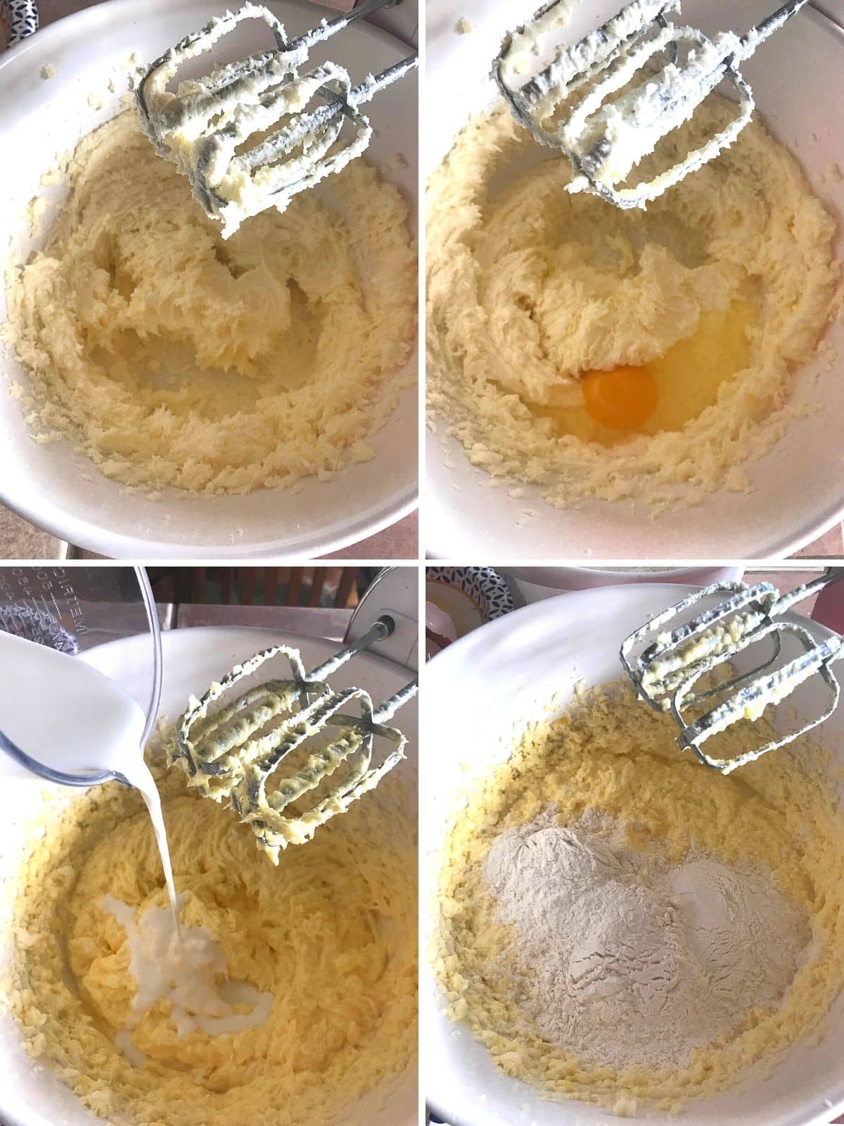 A collage of 4 images showing how to make marble pound cake.
