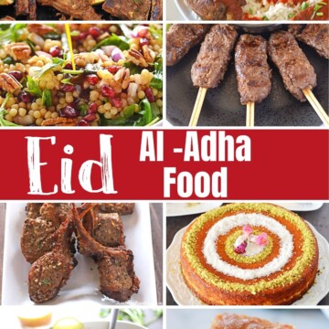 A collage of 10 images of dishes to celebrate eid al adha.