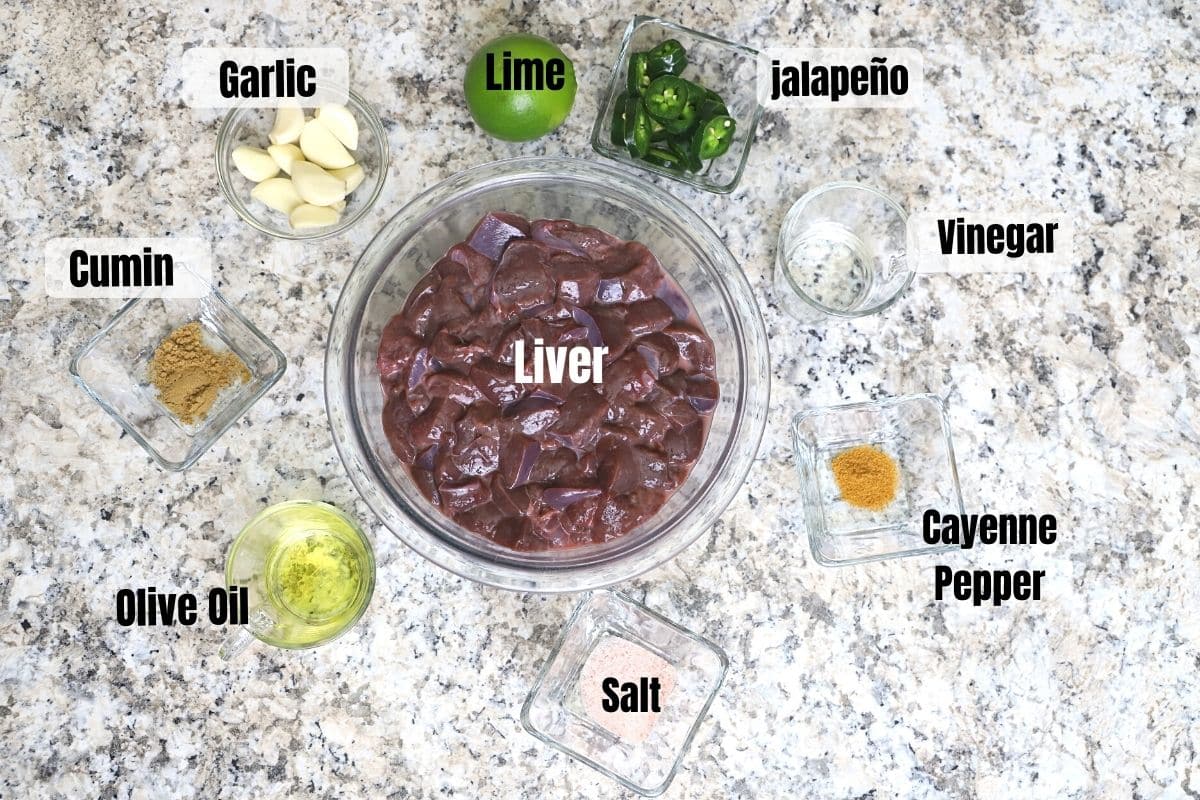 Ingredients of the liver recipe on a countertop. 
