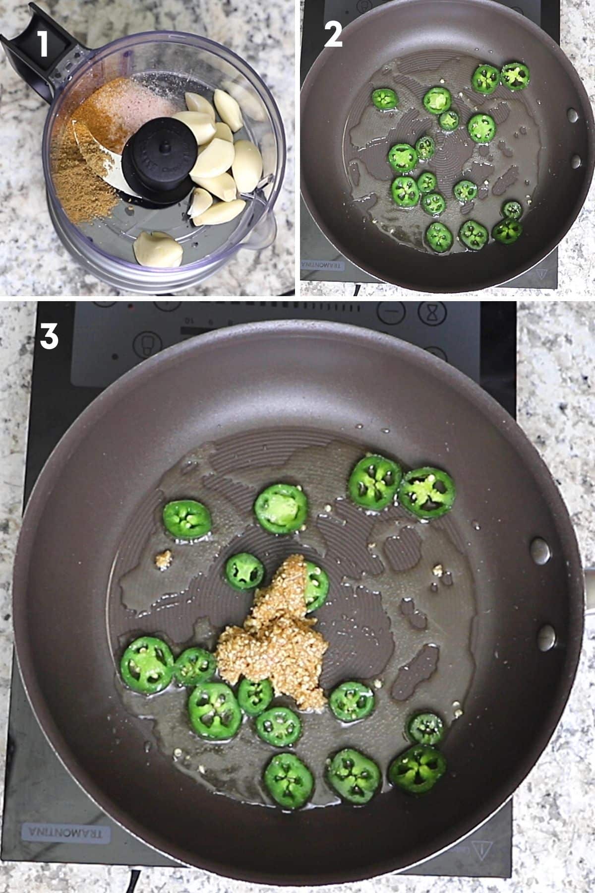 A collage of 3 images showing how to prepare and cook spice mix for liver sandwiches.