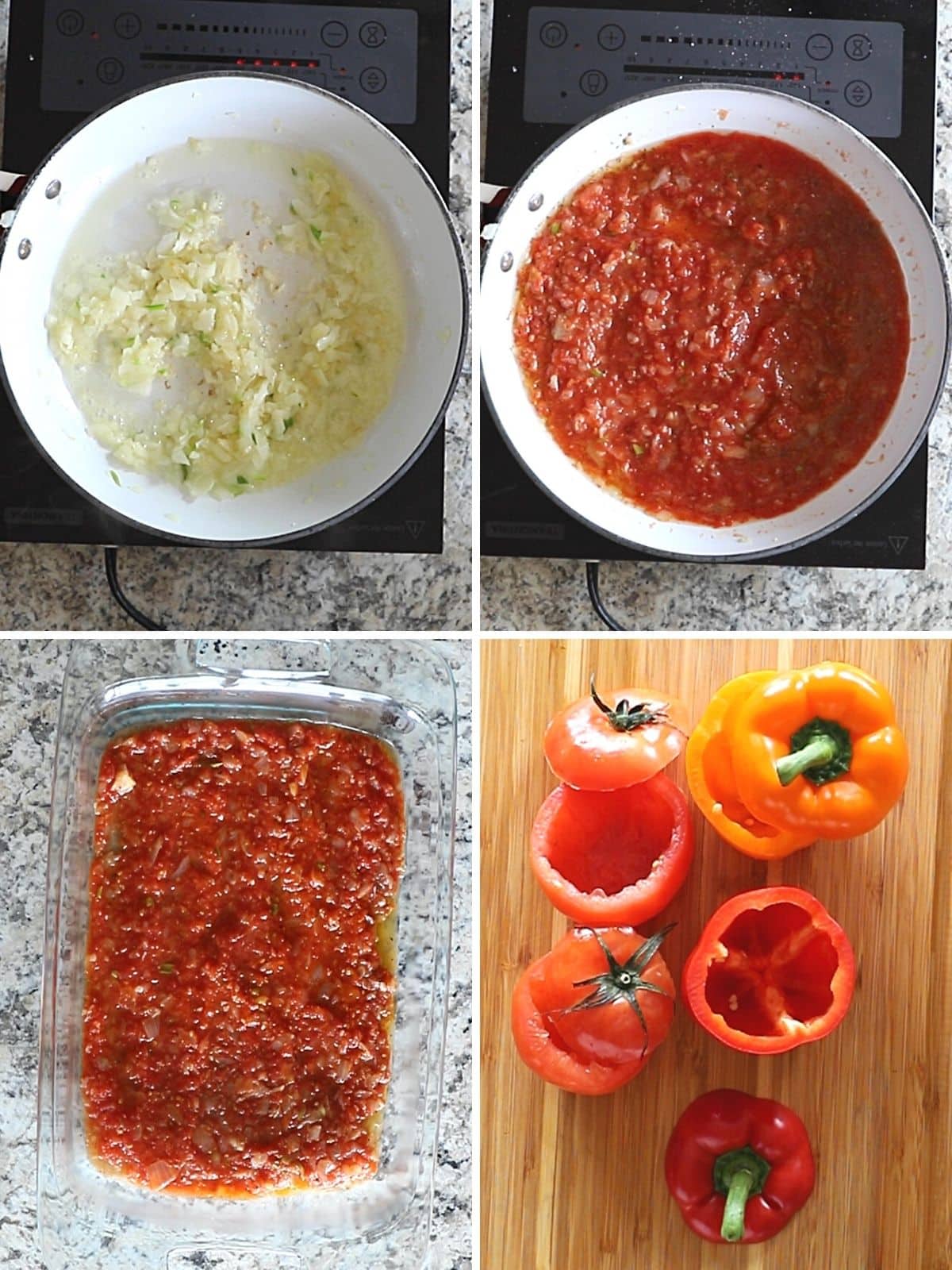 A collage of 4 images showing how to make the cooking sauce for the gemista.