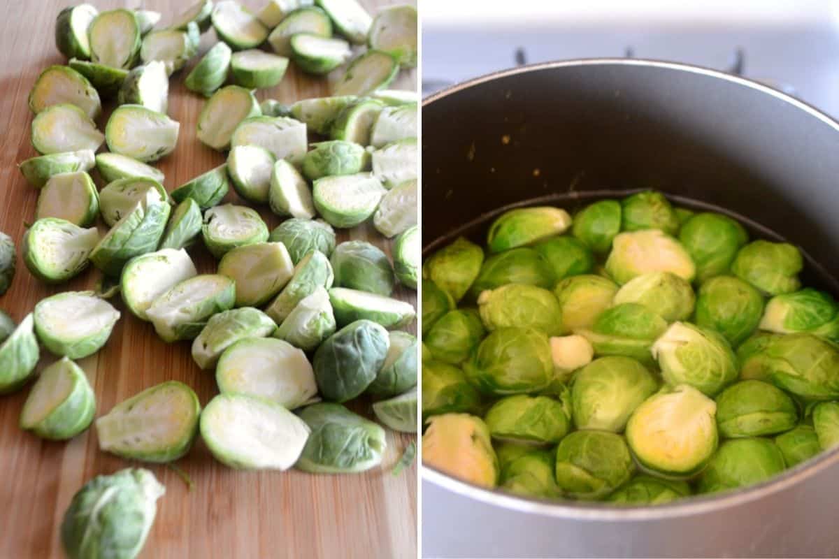 A collage of two images showing how to parboil brussels sprouts.
