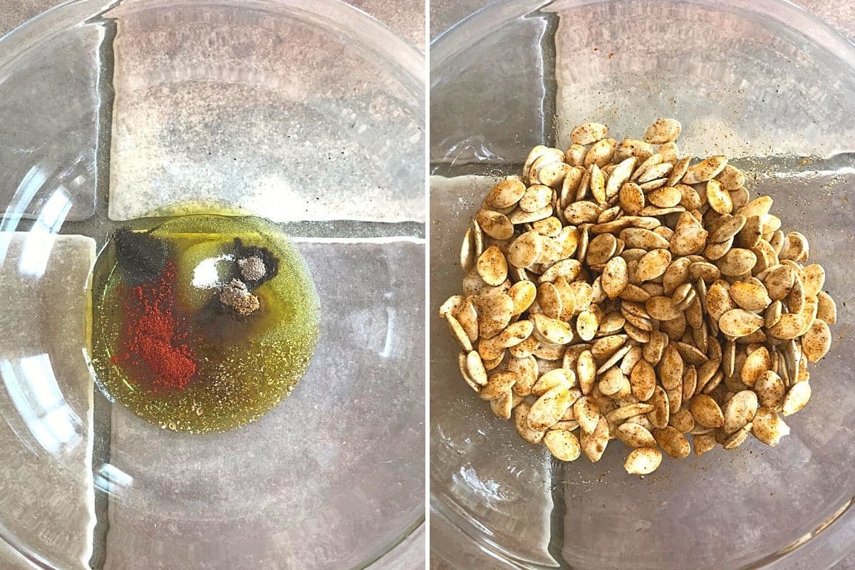A collage of two images showing how to season pumpkin seeds.