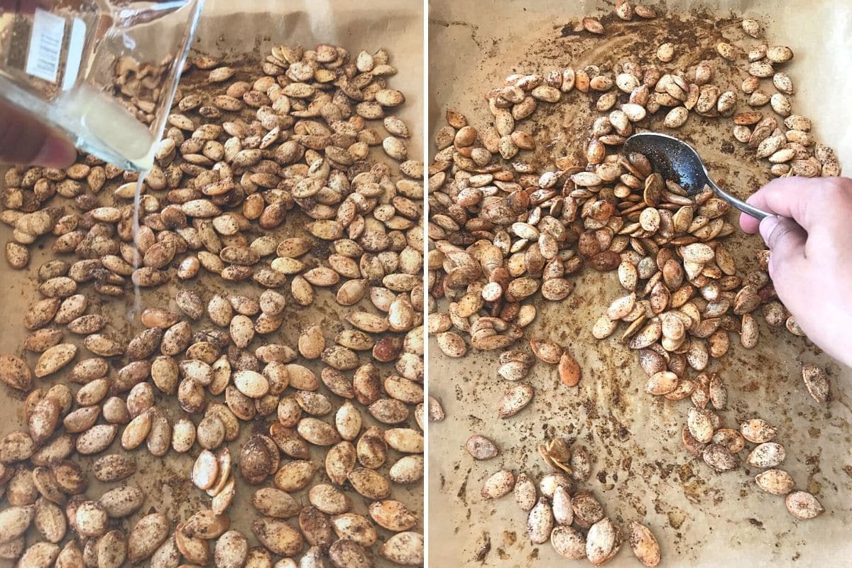 A collage of two images showing how to finish off spicy pumpkin seeds.