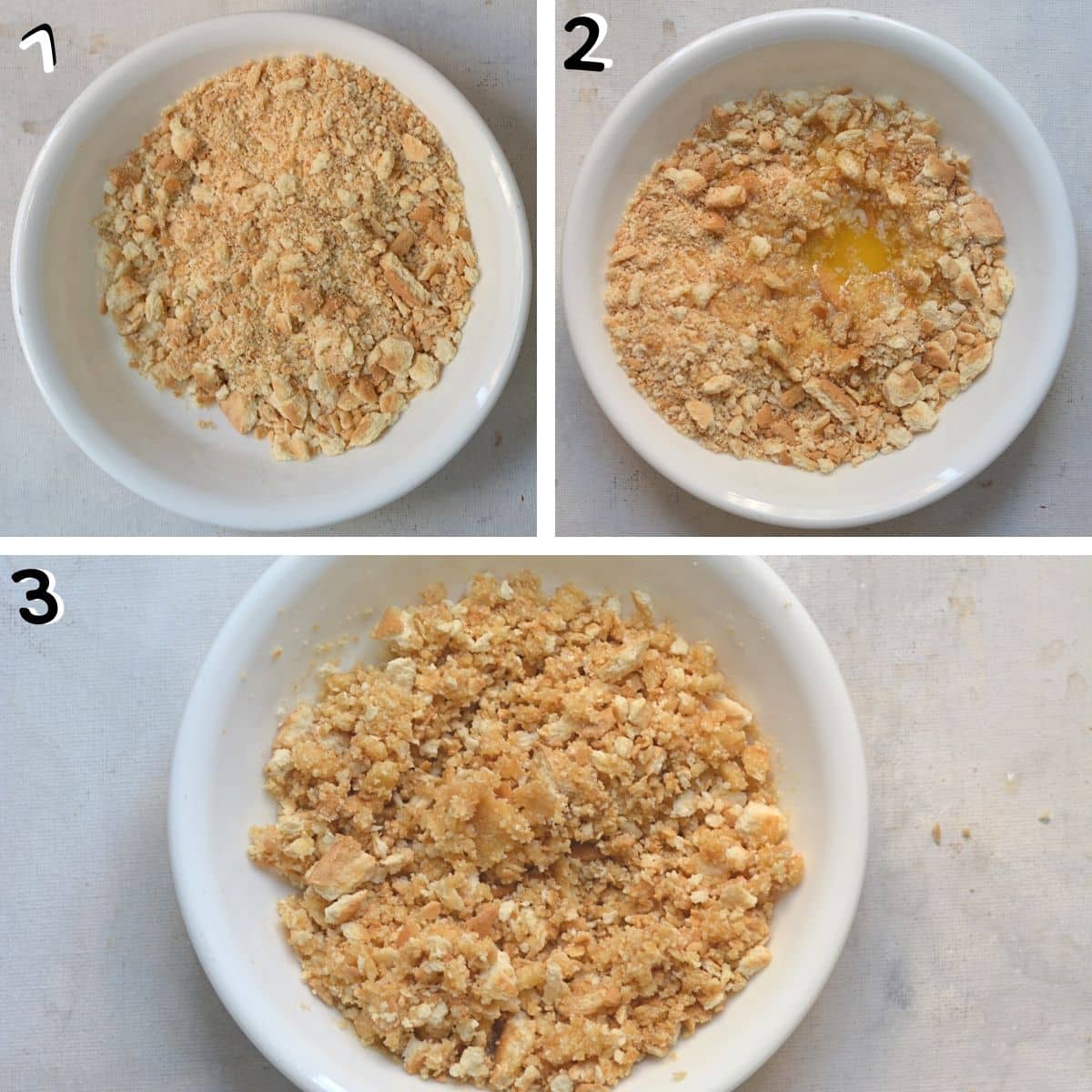 A collage of three images showing how to make the base for the strawberry cheesecake.