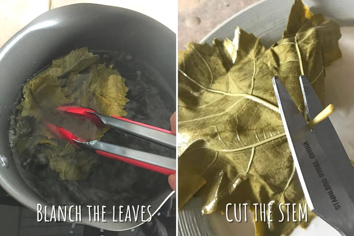 A collage of two images showing how to prepare grape leaves for stuffing.