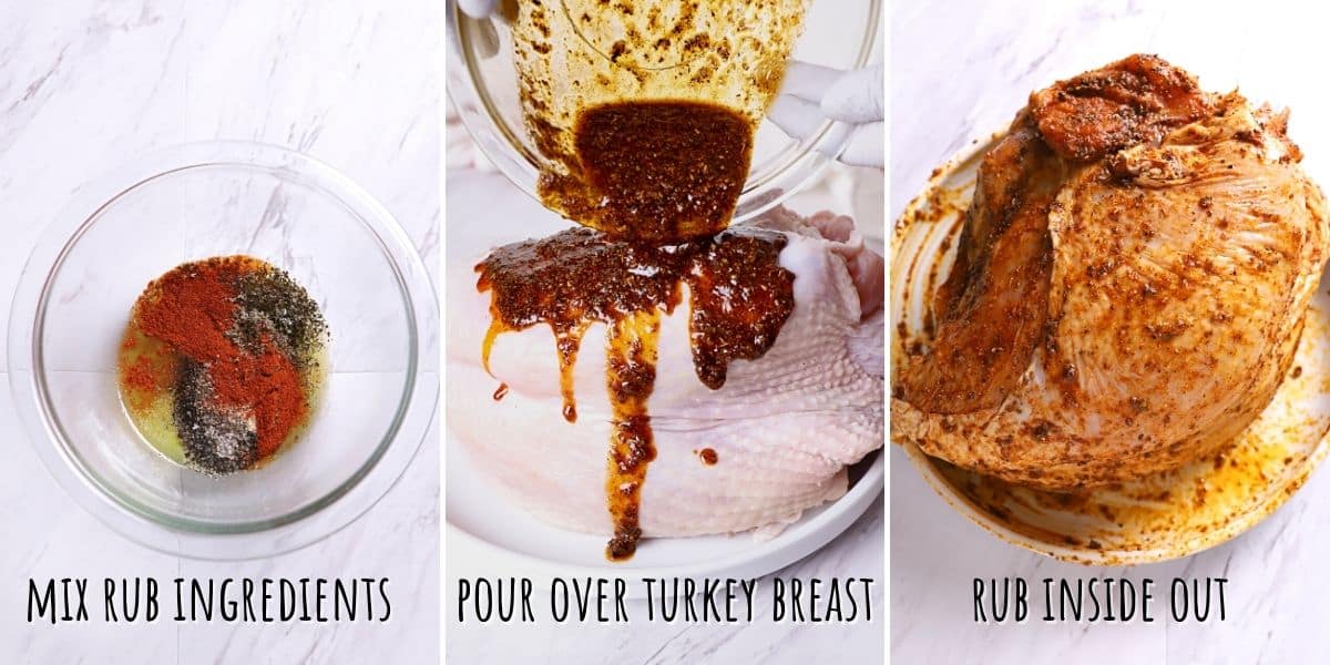a collage of three images showing how to make turkey breast in air fryer.