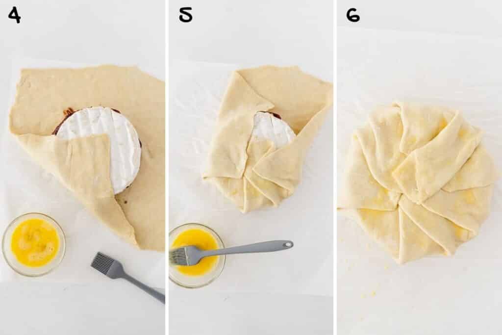 A collage of three photos showing how to wrap baked brie in puff pastry.