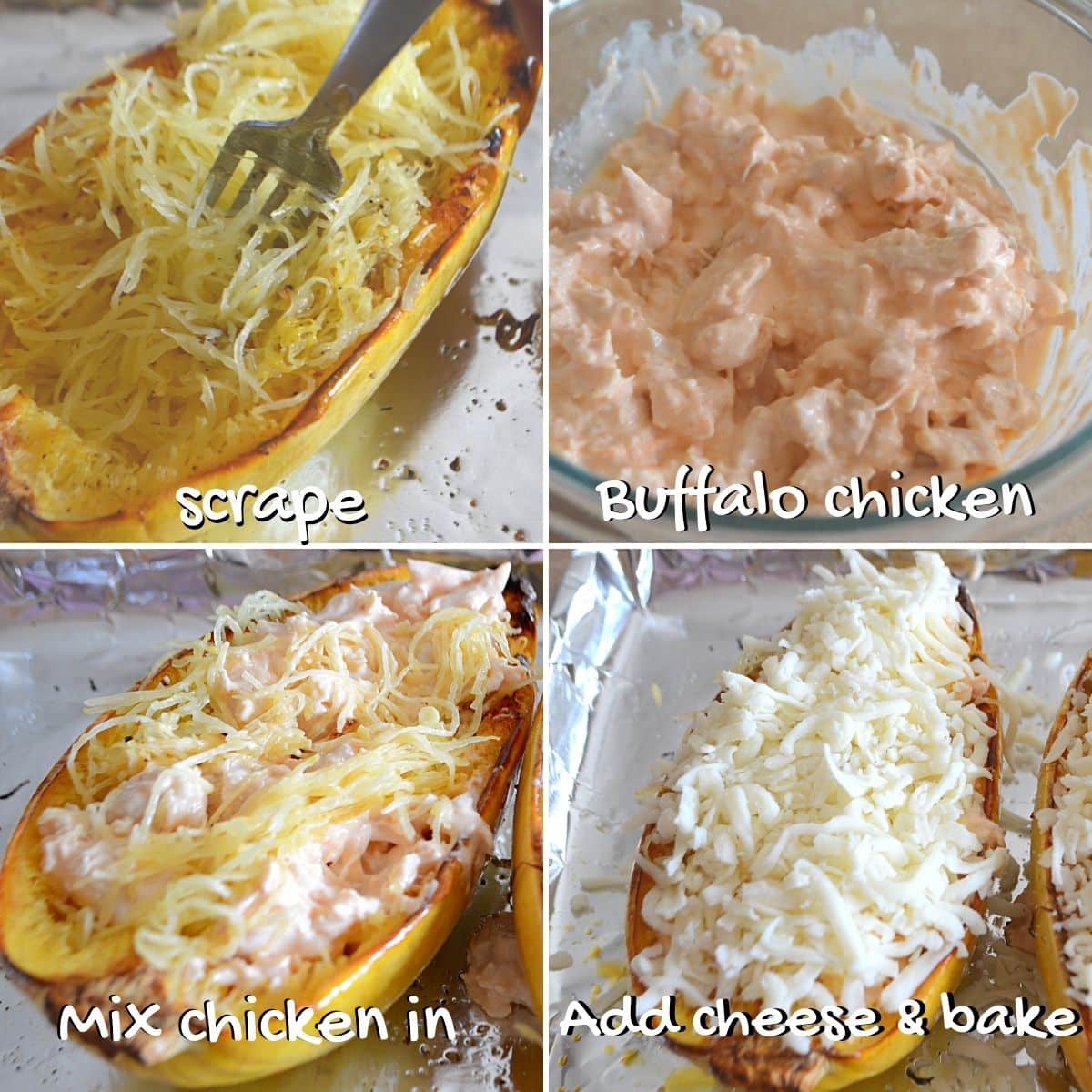 A collage of four images showing how to make buffalo chicken spaghetti squash.