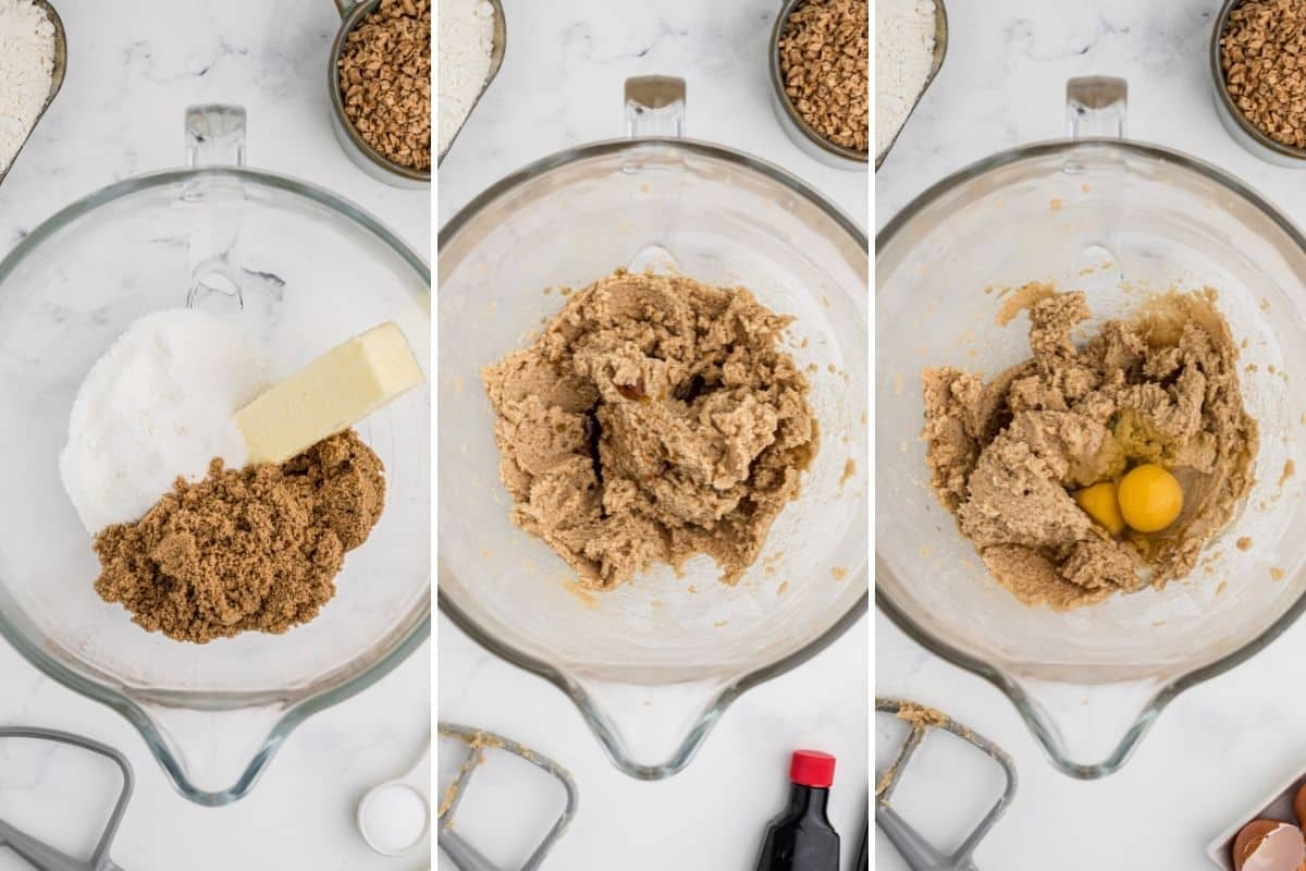A collage of three images showing how to mix sugar. butter and eggs for butter crunch cookies.