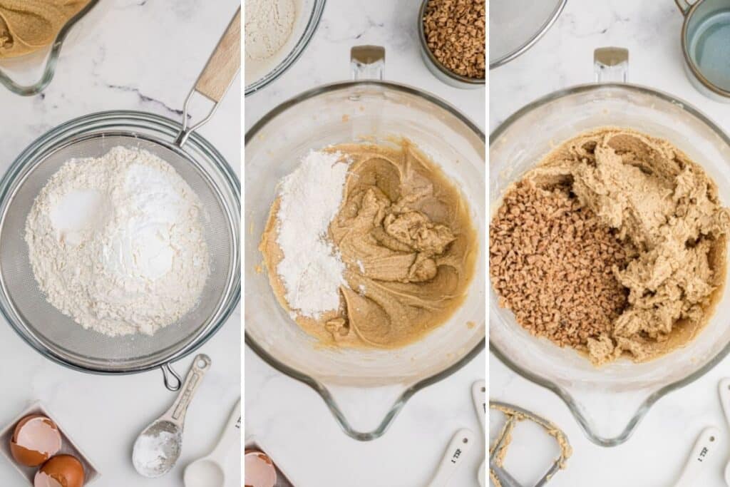 A collage of 3 images of how to incorporate dry ingredients to make the cookies.