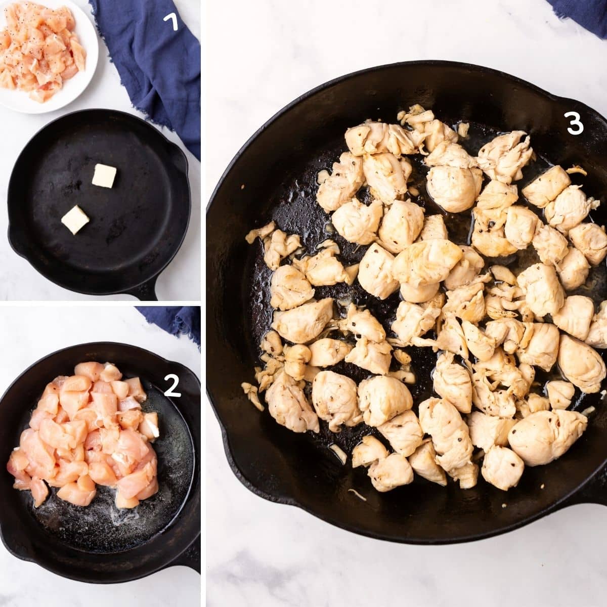 A collage of three images showing how to prepare the chicken to make this mashed potato dinner.