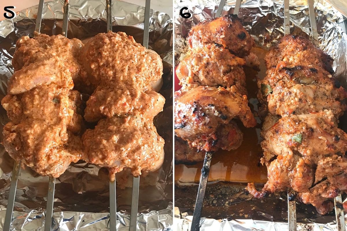 A collage of two images showing how to cook chicken shawarma.