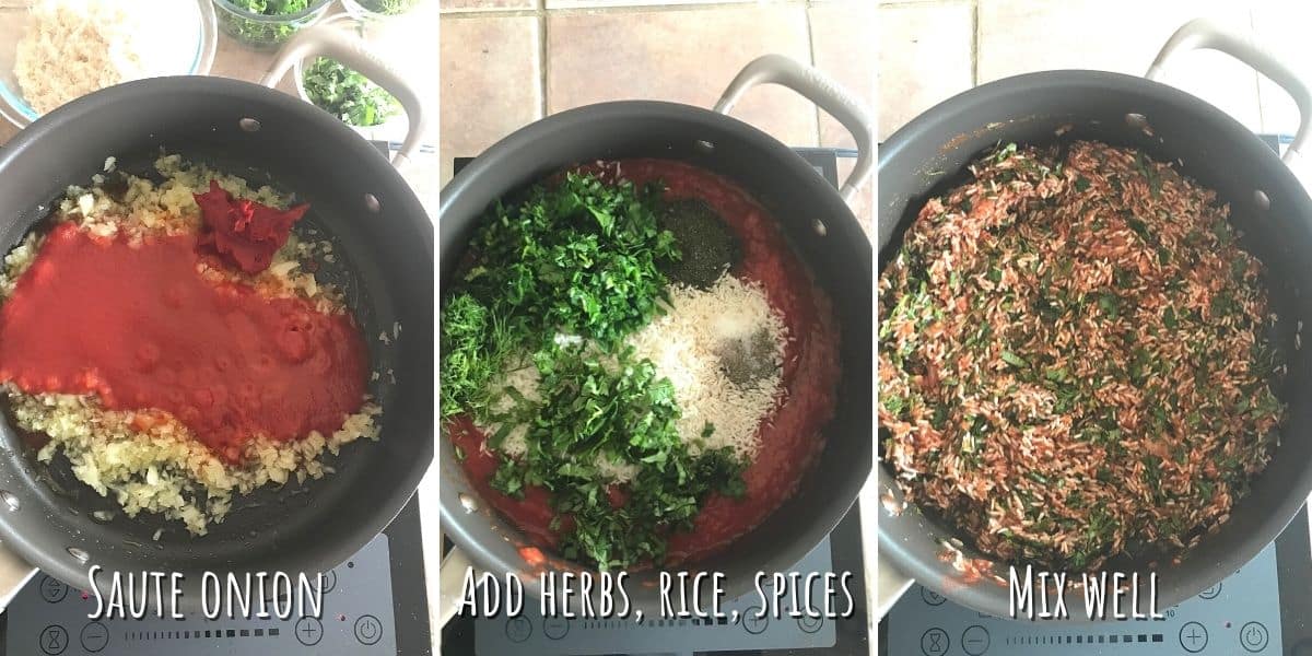A collage of three images showing how to prepare rice mix for warak enab.