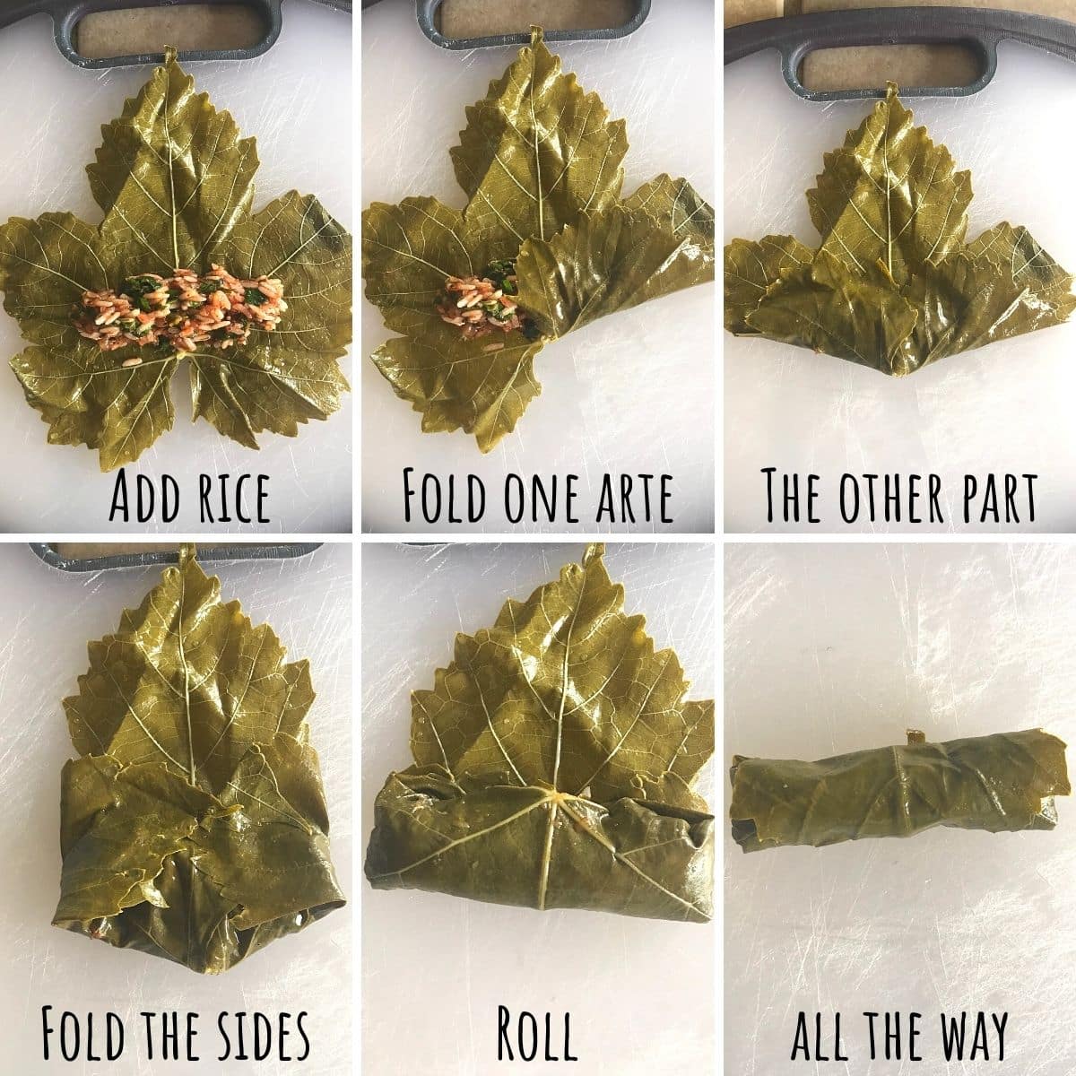 A collage of 6 images showing how to roll warak enab.