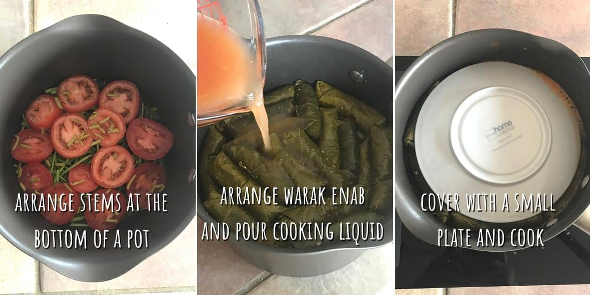 A collage of 3 images showing how to cook stuffed grape leaves.