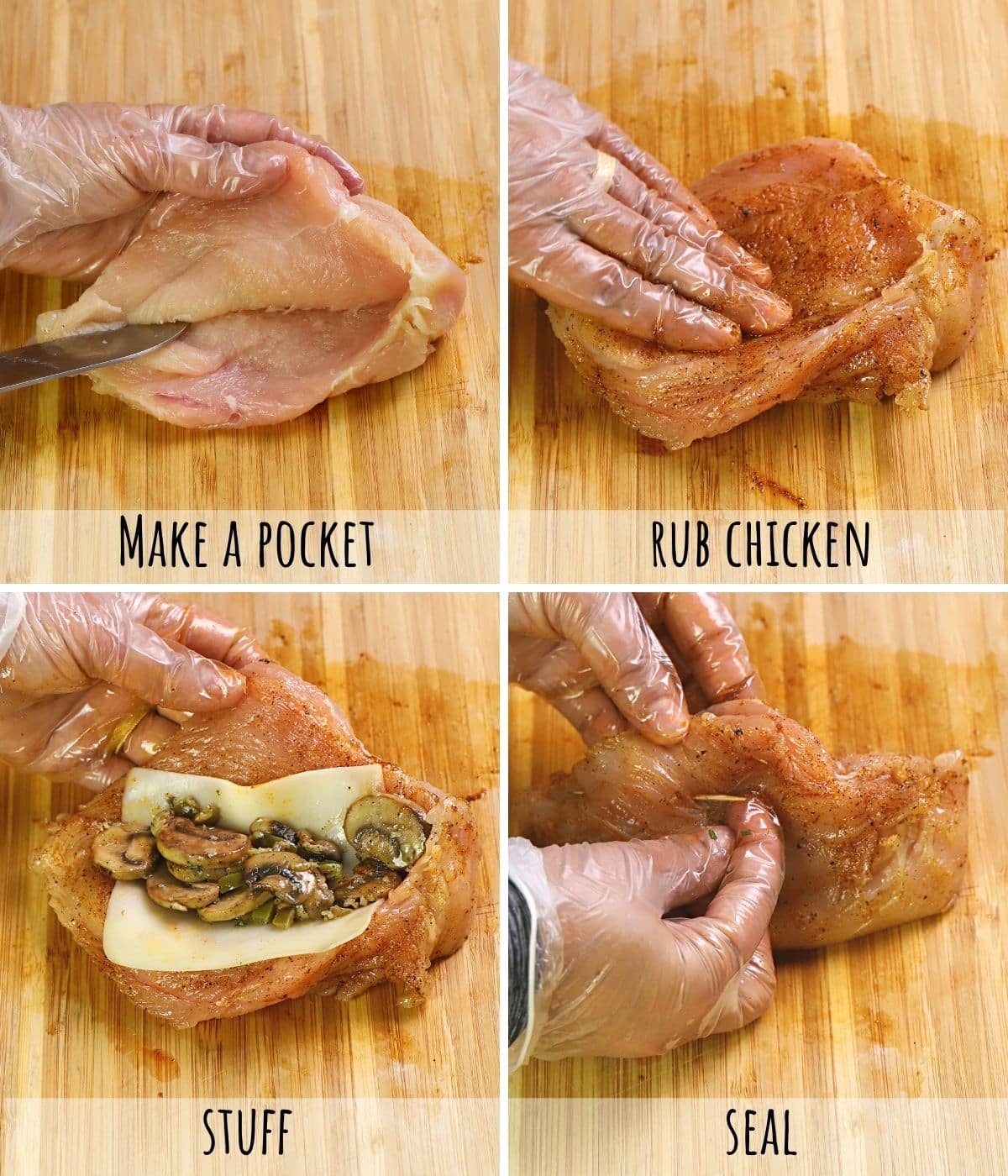 S collsge of 4 images showing how to cut and stuff chicken breasts.
